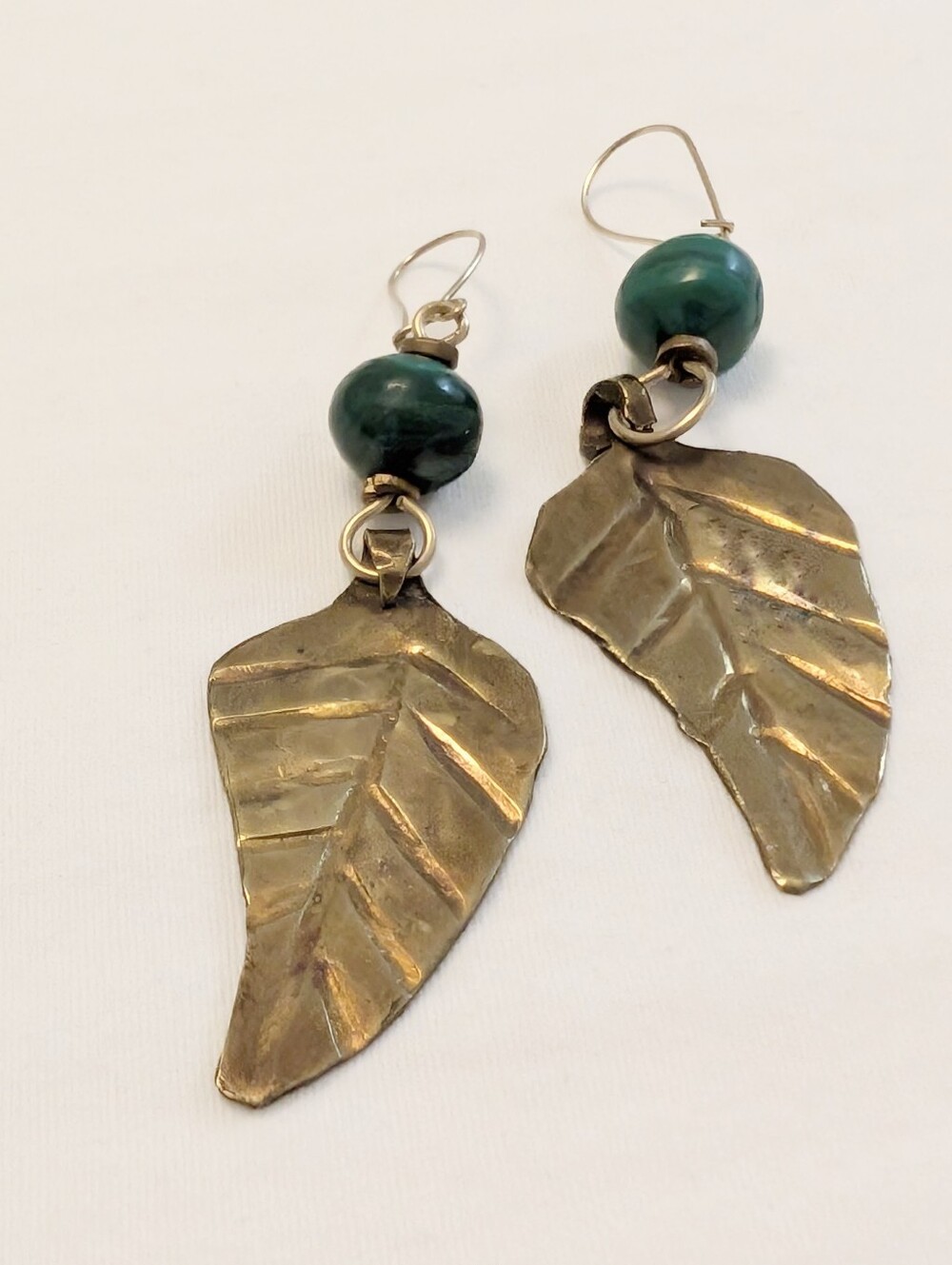 VINTAGE Brass Malachite Leaf Earrings Boho Dangling Artisan 1980 Jewelry